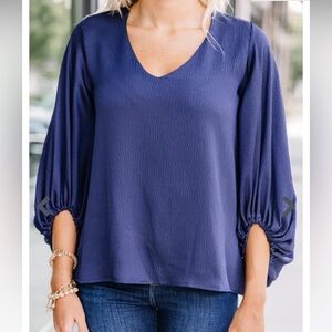 Tyche Dark Blue VNeck Bubble Sleeve Blouse Medium NWOT Front‎ Lined Flowy